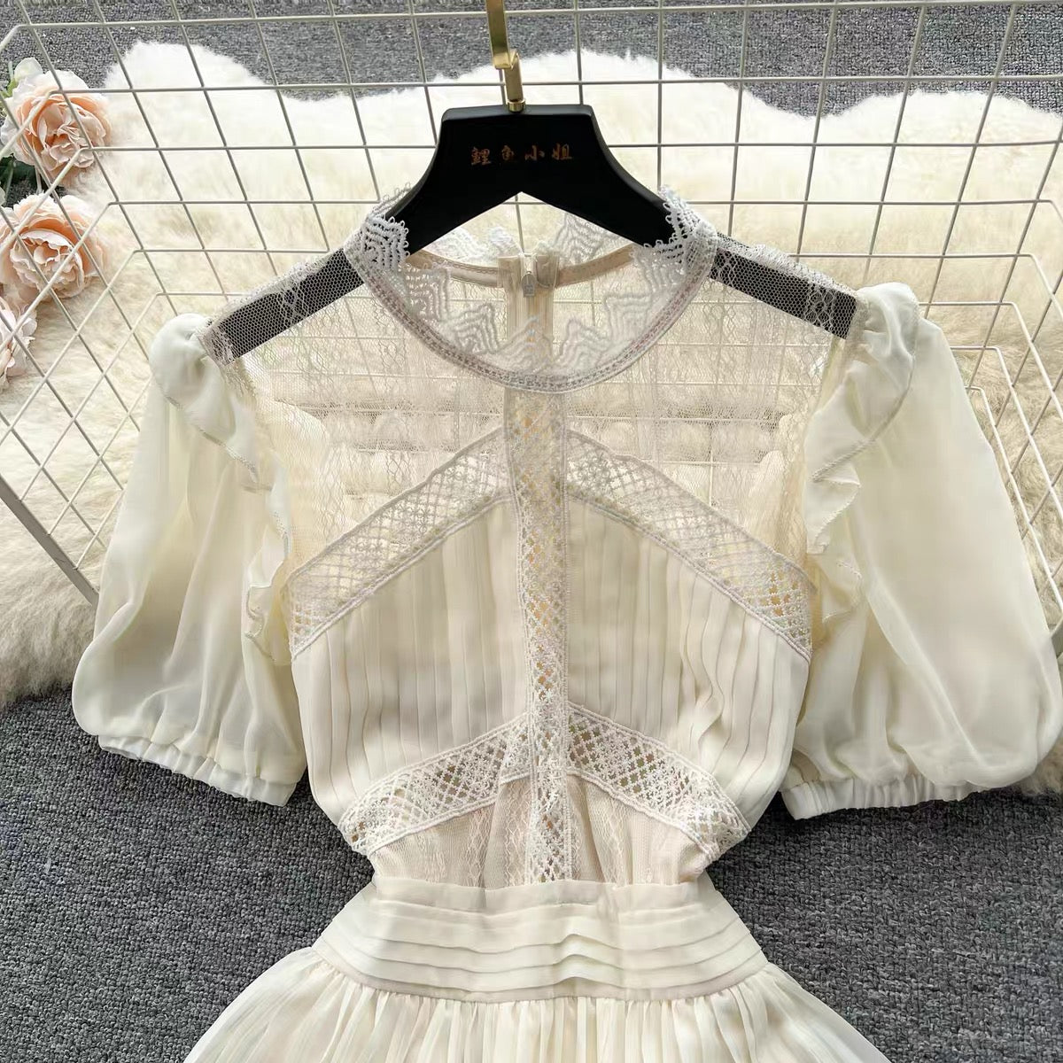 French Puff Sleeve Lace Spliced Pleated Cake Dress Women's Summer Waist Slimming Super Fairy First Love Dress (D0986)
