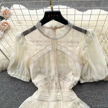 French Puff Sleeve Lace Spliced Pleated Cake Dress Women's Summer Waist Slimming Super Fairy First Love Dress (D0986)
