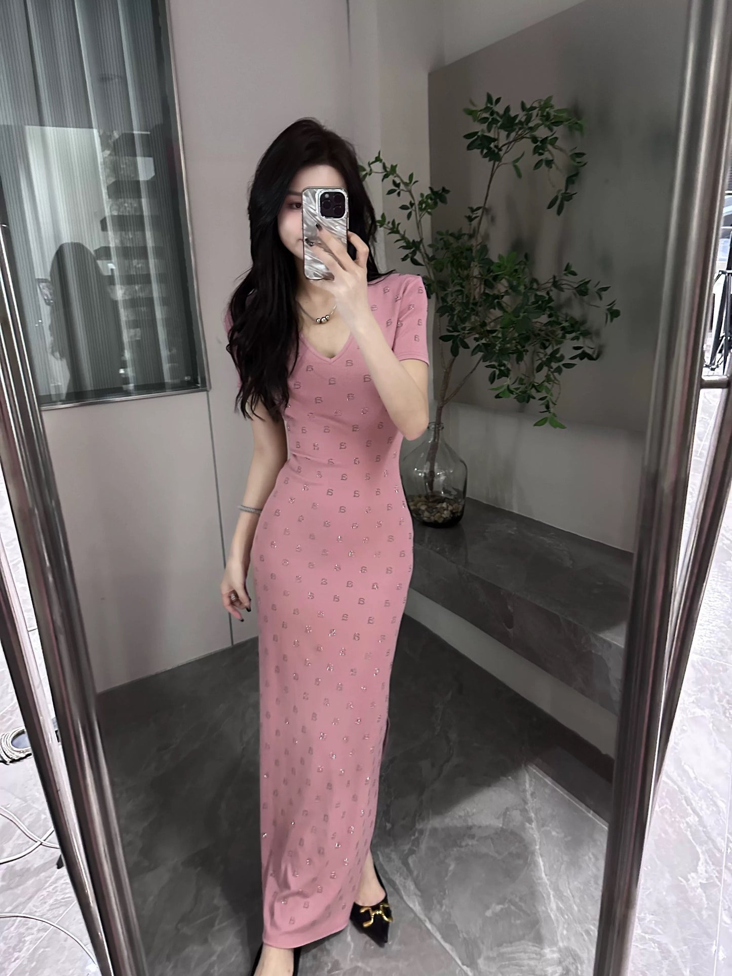 Da Tingting summer new pure diamond waist short sleeve fashion slim slit dress DT0130