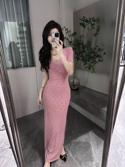 Da Tingting summer new pure diamond waist short sleeve fashion slim slit dress DT0130