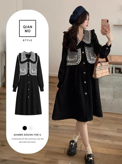 Plus size women's design French shirt to cover belly dress women's spring and autumn street doll collar slim skirt (D0978)