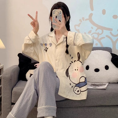 Pajamas women summer cardigan long-sleeved trousers suit summer ladies 2024 new cartoon spring autumn winter home clothes