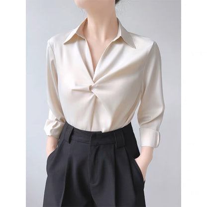 ACHU Love at First Sight Blue Satin Shirt Women's Professional Commuting OL Interview Shirt Design Top Light Mature T367