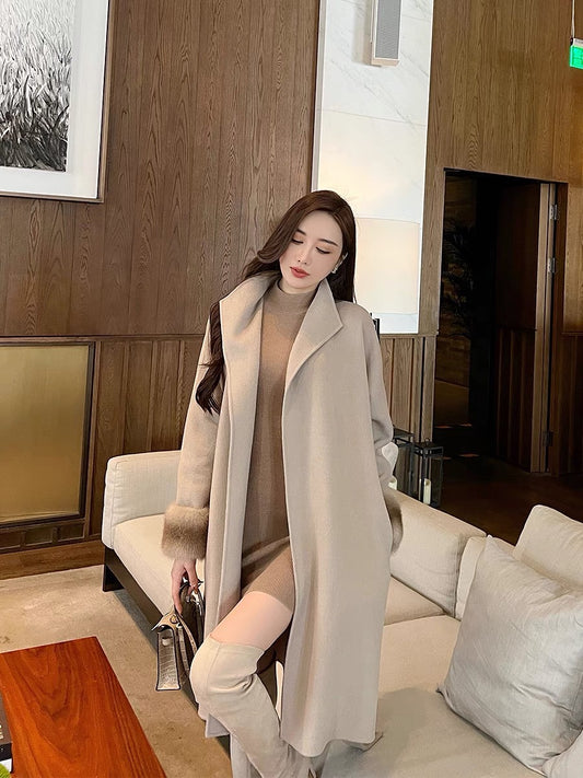Shanxi said white milk tea gray full wool double-sided woolen splicing real mink fur cuffs mid-length coat for women (B1312)