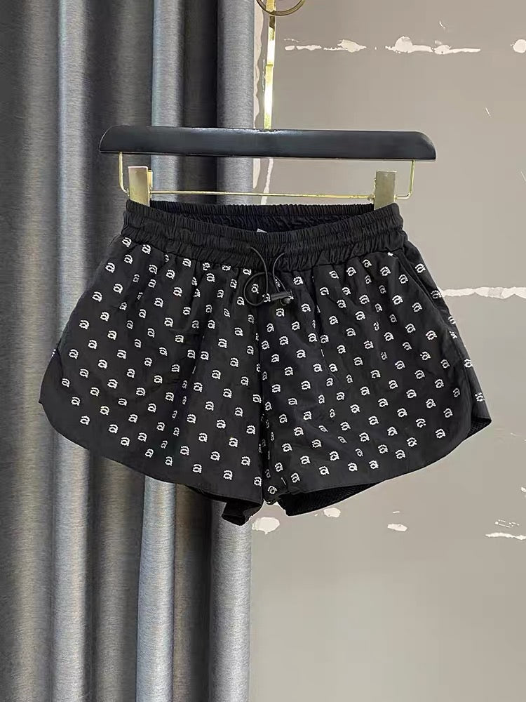 European Station 2023 Heavy Industry Alphabet Hot Diamond A-line Shorts Women's Summer New Elastic Waist Wide Leg Sports Hot Pants Trend