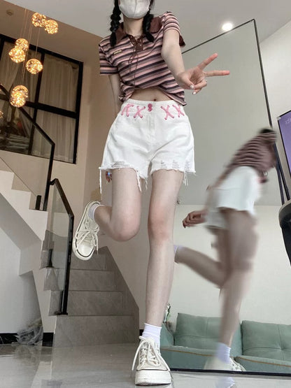 American hot girl style jeans for women in summer for small people, raw edge drawstring shorts, high waist slimming hot pants, straight pants
