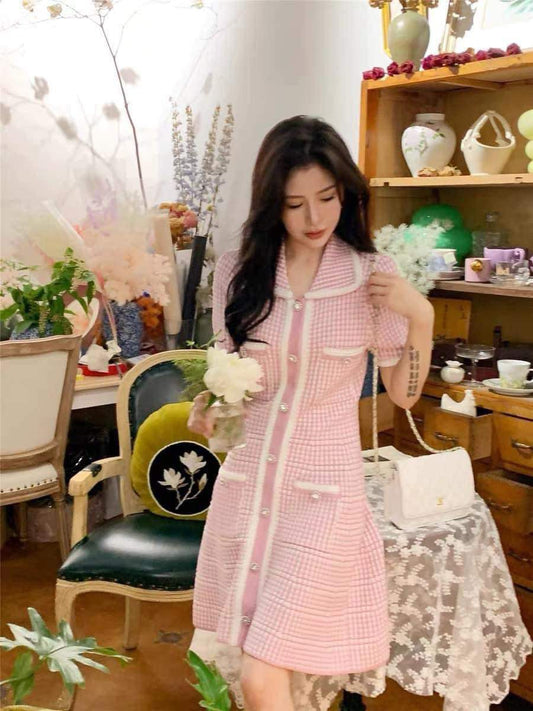High quality goods! French style pink gentle and sweet knitted skirt dress W