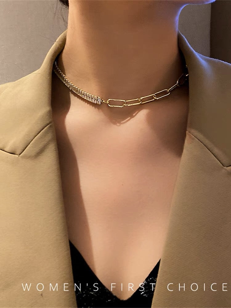 South Korea's Dongdaemun Cold Wind Design Zircon Stitching Necklace Simple Fashion Net Red Temperament Personality Trendy Necklace