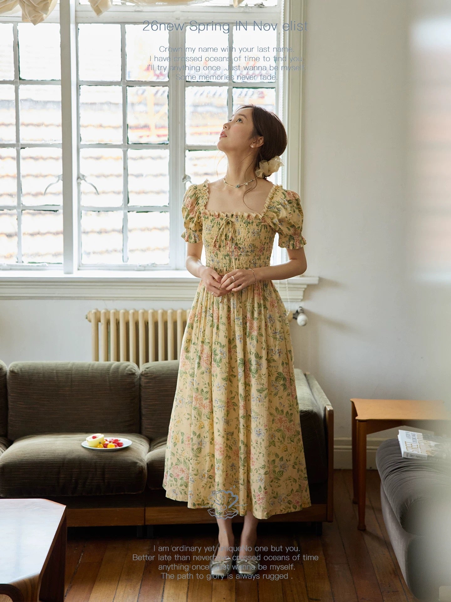 Nov elist One French retro square neck dress with gathered waist to flatter the figure, long floral dress for summer
