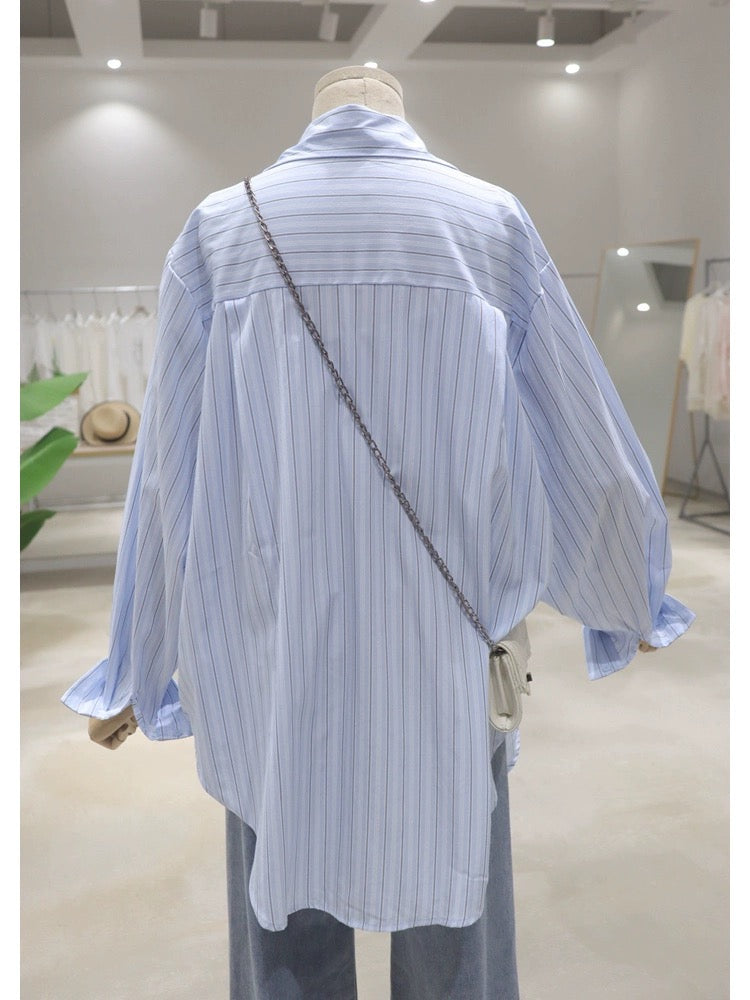 Korean style high quality bow embroidery 2024 summer loose slim medium and long cotton striped long-sleeved shirt for women