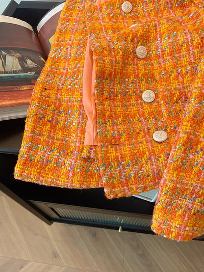 Orange double-breasted short style jacket for women in autumn and winter 2023 new style exquisite ladylike temperament and high-end sense top