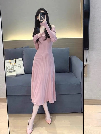 Pink knitted dress autumn women's 2023 new style elegant lady mid-length one-line collar off-the-shoulder bottoming skirt (S5555)