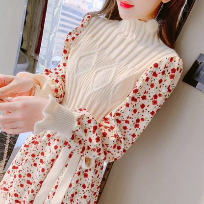 lolita early season corduroy dress women's autumn and winter 2023 new knitted bottoming floral skirt slimming