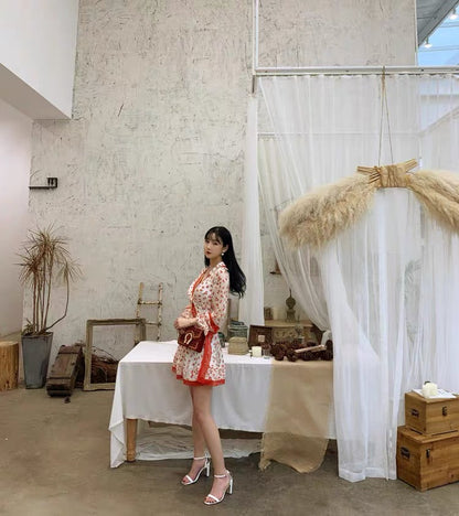 2023 new autumn clothing for women Lace spliced chiffon sexy V-neck waist long-sleeved French floral dress (D170)