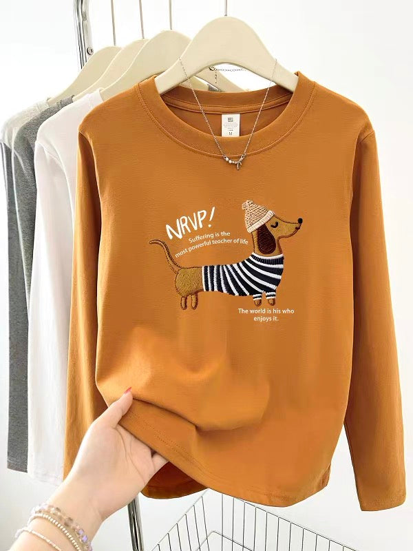 2025 Early Autumn New Style Bottoming Shirt Western Style Straight Shoulder Women's Long Sleeve T-shirt Round Neck College Style Letter Printed Top