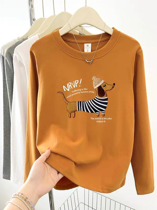 2025 Early Autumn New Style Bottoming Shirt Western Style Straight Shoulder Women's Long Sleeve T-shirt Round Neck College Style Letter Printed Top