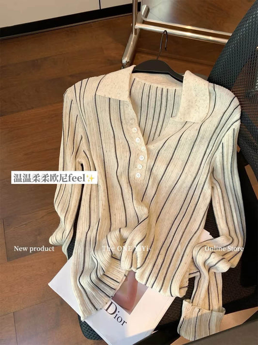 Women's "Old Money" Style Vertical-Striped Long-Sleeve Knit Top – Fall 2026 New French-Inspired Slim-Fit Cropped Top