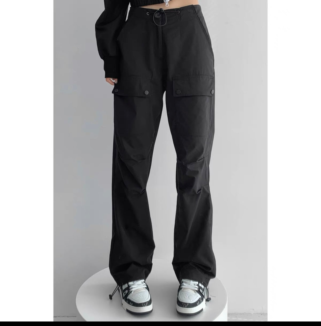 Yuppie hotties walking the streets low-waist drawstring pink overalls for women ins trendy loose American leg-tie straight wide-leg pants
