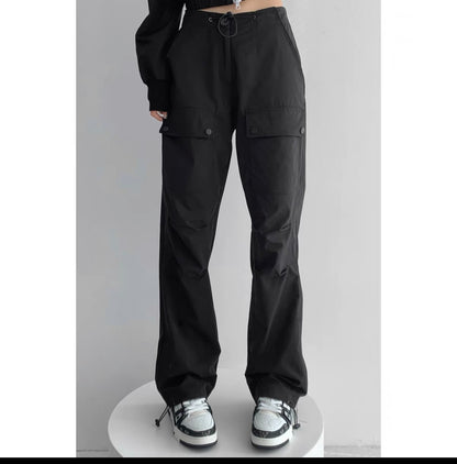Yuppie hotties walking the streets low-waist drawstring pink overalls for women ins trendy loose American leg-tie straight wide-leg pants