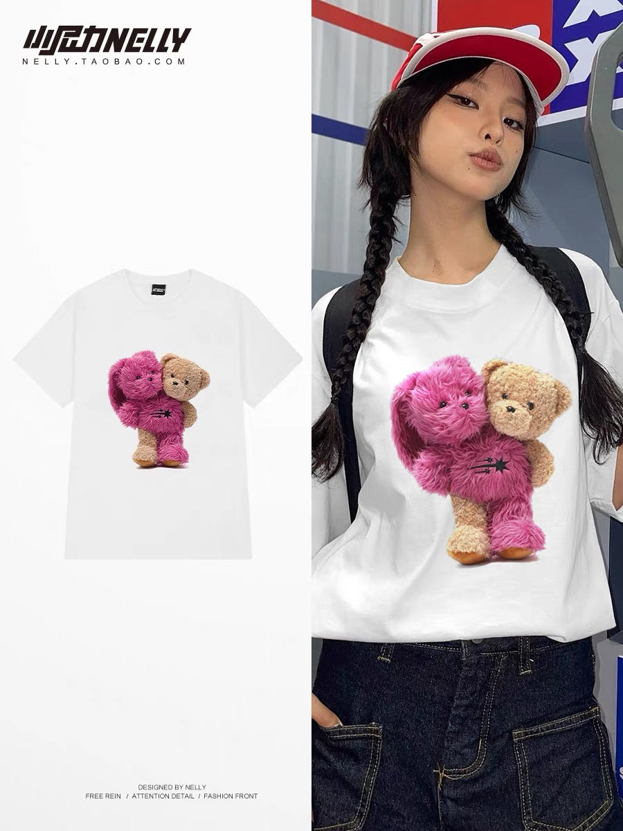 Cartoon bear short-sleeved T-shirt for men and women in summer youth fashion brand loose couple T-shirt versatile trendy half-sleeved top