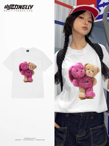 Cartoon bear short-sleeved T-shirt for men and women in summer youth fashion brand loose couple T-shirt versatile trendy half-sleeved top