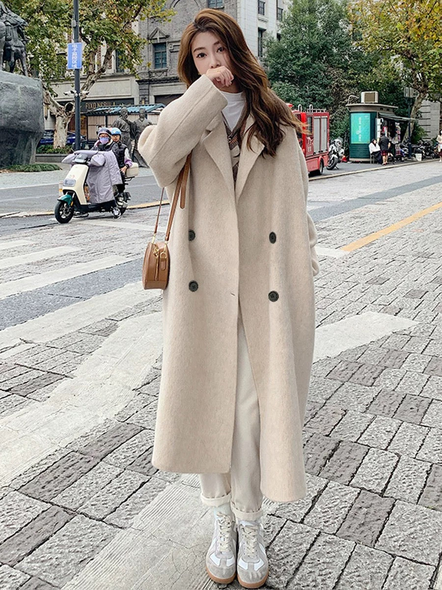 Pink double-faced velvet coat for women 2024 autumn and winter new Korean style loose mid-length Hepburn style woolen coat