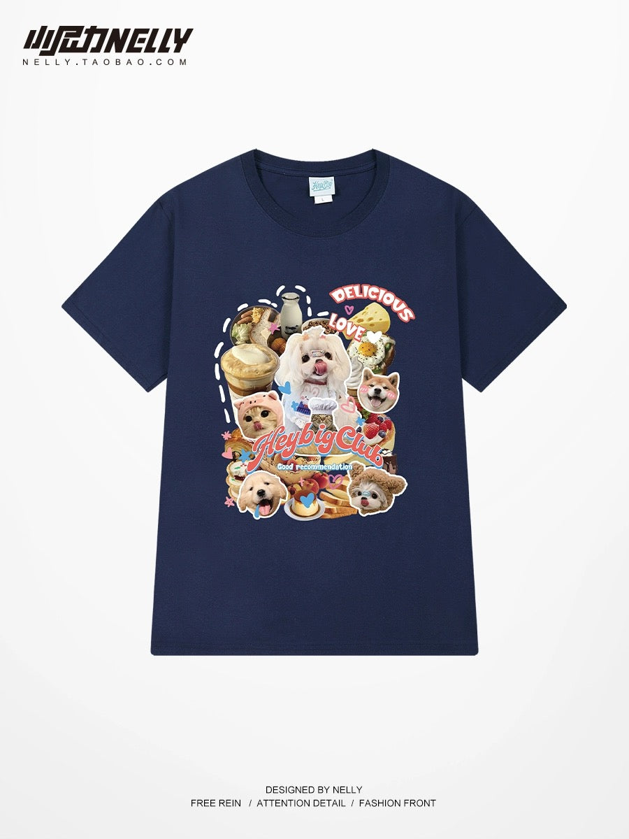 American retro cat and dog printed short-sleeved T-shirts for men and women 2024 new ins trendy brand loose and versatile clothes