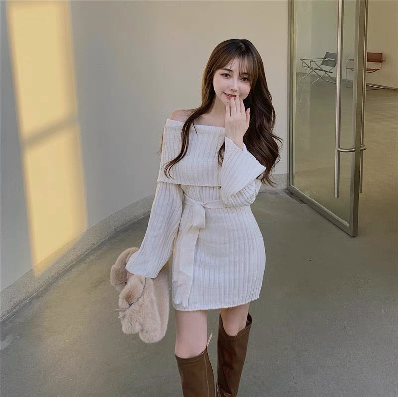 One-shoulder knitted bottoming dress for women in autumn and winter new slim-fitting long-sleeved waist slimming versatile hip-covering short skirt