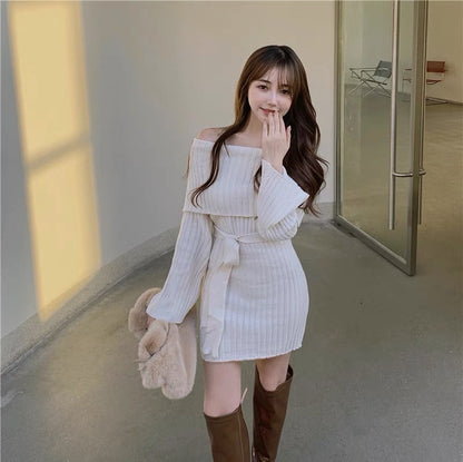 One-shoulder knitted bottoming dress for women in autumn and winter new slim-fitting long-sleeved waist slimming versatile hip-covering short skirt