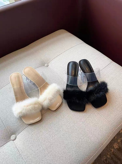 Transparent sandals for women 2023 summer new Korean style fashion mink fur one-shaped medium heel thick heel slippers women's outerwear