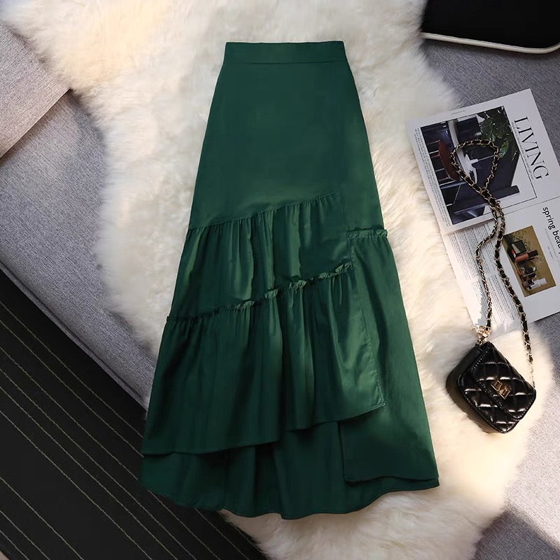 French white skirt for women in summer, irregular pleated skirt, mid-length hip-covering A-line skirt, high waist slit long skirt
