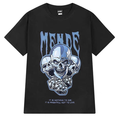 Skull ins Japanese street style round neck printed short-sleeved T-shirt men's trendy brand loose casual cotton five-quarter sleeve TEE