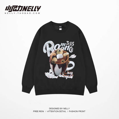 Bear men's sweatshirt winter thickened velvet loose trendy brand plus size clothes autumn and winter ins round neck hooded jacket
