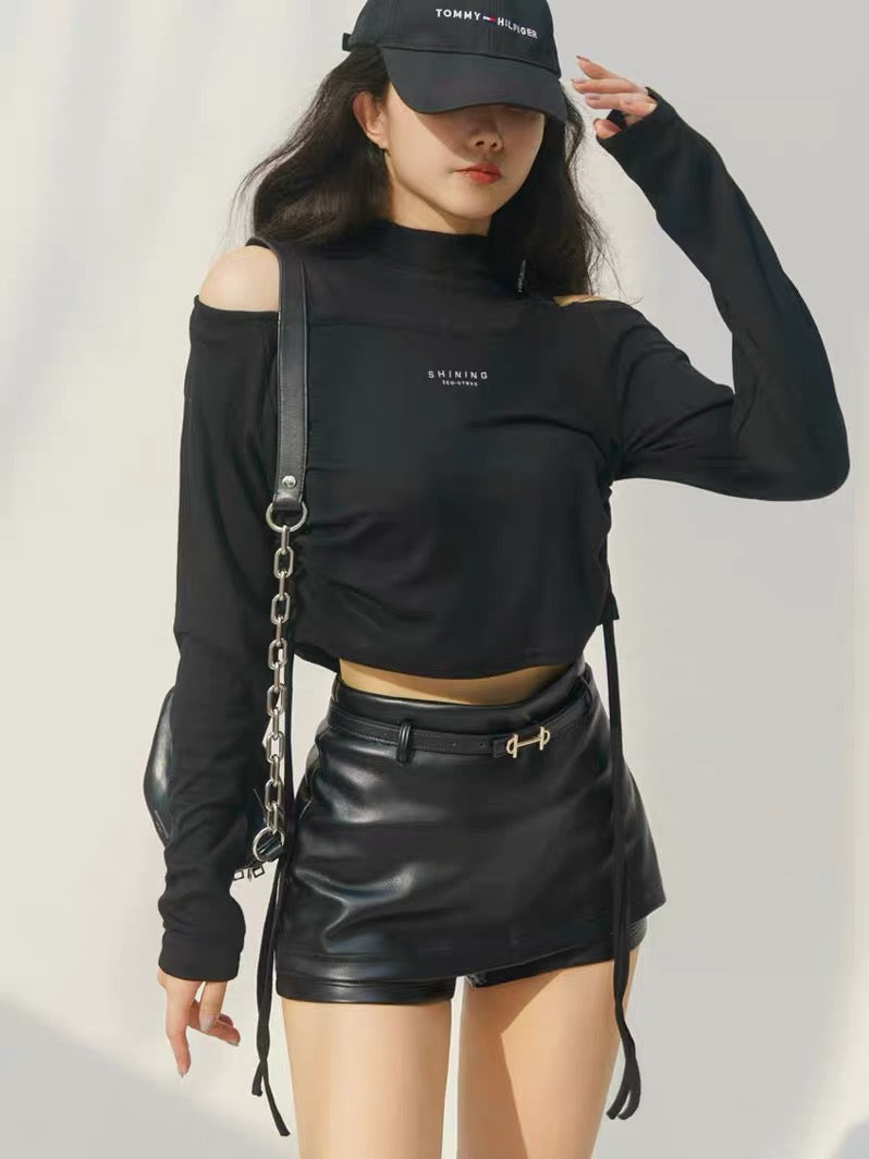 MOONA black leather pants shorts for women to wear as outerwear in autumn, high-waisted and slim, European and American slim-fitting PU leather hip skirt pants