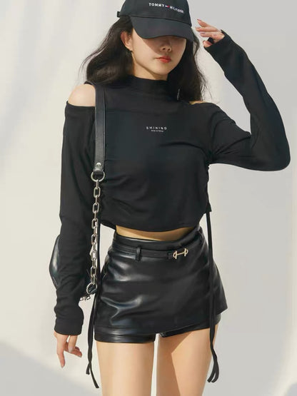 MOONA black leather pants shorts for women to wear as outerwear in autumn, high-waisted and slim, European and American slim-fitting PU leather hip skirt pants