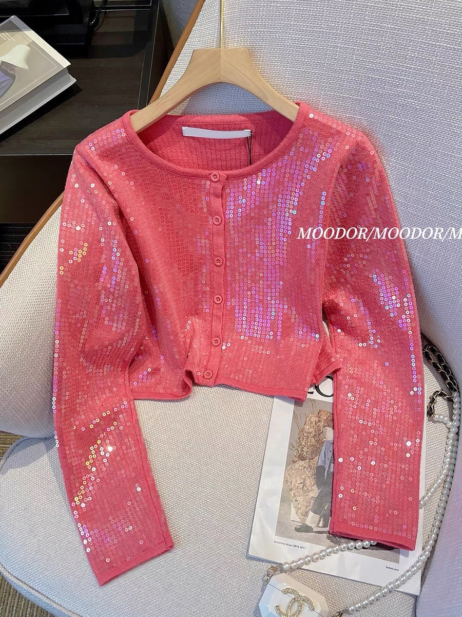 Red small fragrant sequined jacket short female autumn 2023 new high-end sense super good-looking explosive long-sleeved top