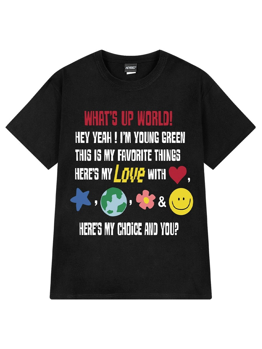 Cute cartoon letter print short-sleeved T-shirt for men and women loose summer heavy cotton design trendy tops