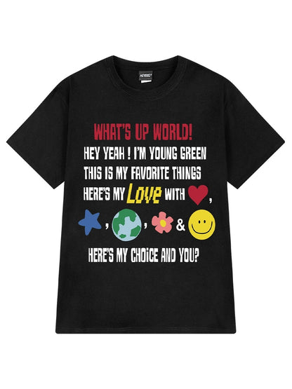 Cute cartoon letter print short-sleeved T-shirt for men and women loose summer heavy cotton design trendy tops