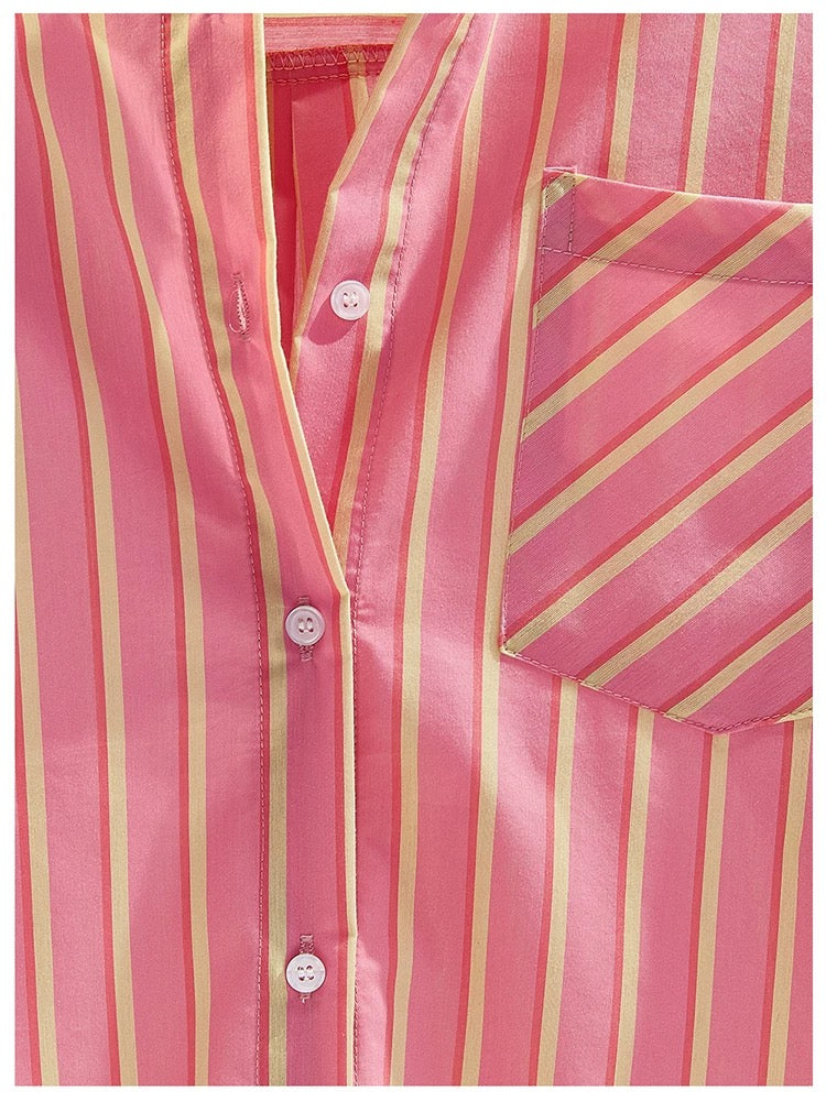 European style pink age-reducing striped cotton shirt for women spring and summer new Korean version loose single-breasted long-sleeved shirt