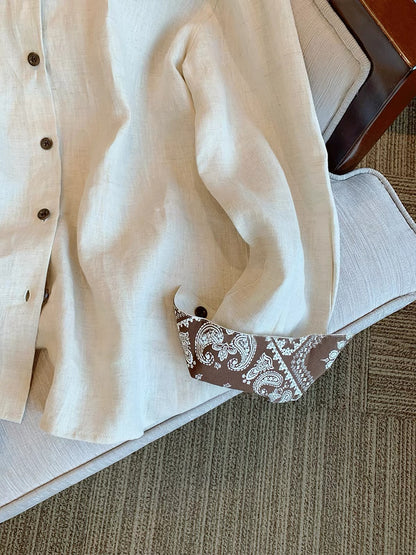 Women's "Old Money" style long-sleeve shirt featuring a polo collar, retro print, and paneling design; a relaxed, laid-back, and slimming piece suitable as a shirt or light outer layer for summer.