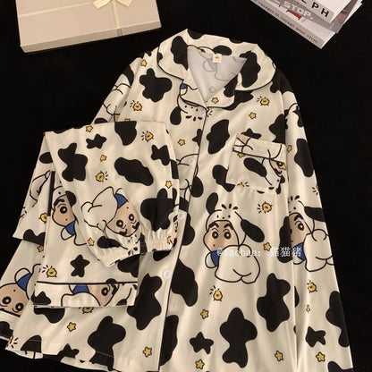 ins cartoon crayon shin-chan couple pajamas long-sleeved set pure cotton spring and autumn thin section stitch men and women home clothes