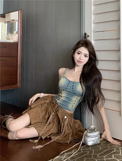 Retro hot girl denim camisole women's summer small short short section slim fit and thin halter top outerwear
