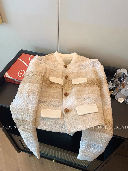 Xiaoxiangfeng round neck jacket for women autumn 2023 new high-end sequin stitching French temperament straight short top