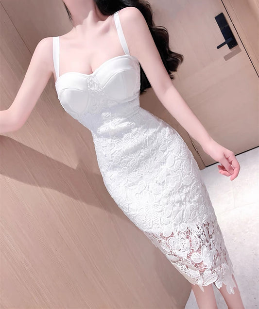 White lace suspender slim dress