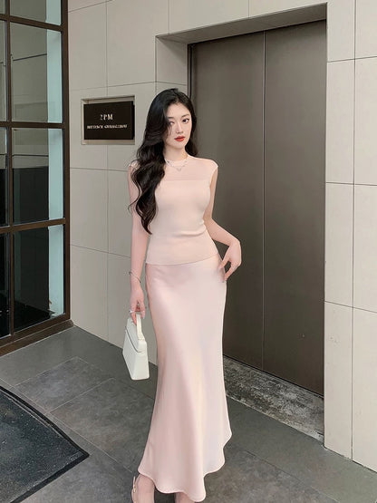 Lin Guanguan champagne imitation acetate satin skirt satin fishtail skirt white drape hip skirt