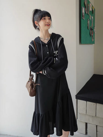 Black long sweatshirt dress for women autumn 2023 new Korean style loose casual high-end hooded long-sleeved dress
