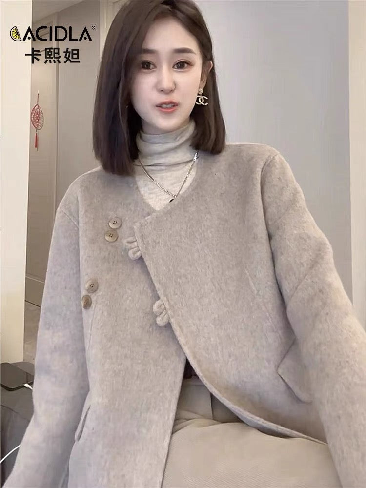 Short double-sided cashmere women's coat autumn and winter fashionable round neck slim retro buttoned woolen coat jacket top