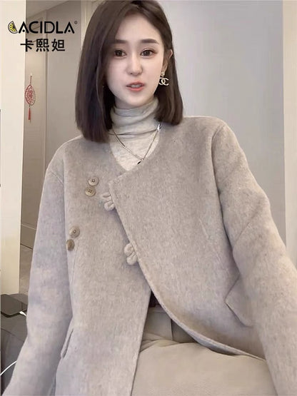 Short double-sided cashmere women's coat autumn and winter fashionable round neck slim retro buttoned woolen coat jacket top