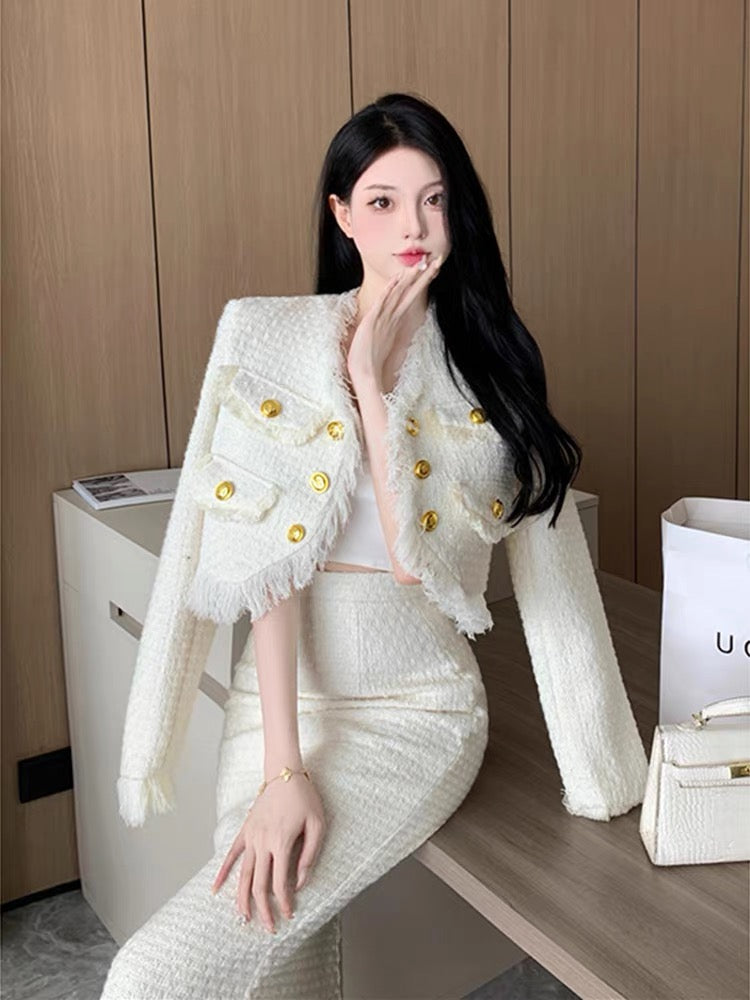 Xiaoxiangfeng suit for women in autumn new long-sleeved tassel cardigan jacket + high waist hip skirt two-piece trendy set (A9998)