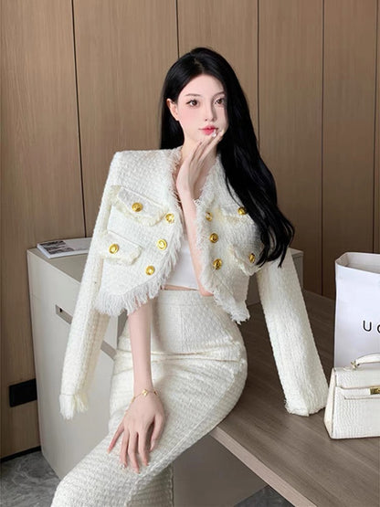 Xiaoxiangfeng suit for women in autumn new long-sleeved tassel cardigan jacket + high waist hip skirt two-piece trendy set (A9998)